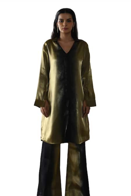 Shop_East14_Gold Liquid Organza Print Metallic Strippling Collar Fraunces Shirt Dress