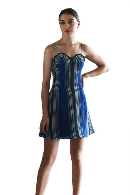 East14 Blue Cupro Crepe Print Stripe Sweetheart Leyenda Mini Dress Online at Aza Fashions East14_Blue Cupro Crepe Print Stripe Sweetheart Leyenda Mini Dress_Online_at_Aza_Fashions