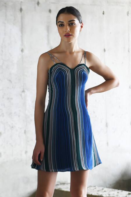 Buy East14 Blue Cupro Crepe Print Stripe Sweetheart Leyenda Mini Dress Online at Aza Fashions Buy_East14_Blue Cupro Crepe Print Stripe Sweetheart Leyenda Mini Dress_Online_at_Aza_Fashions