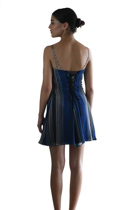 Shop East14 Blue Cupro Crepe Print Stripe Sweetheart Leyenda Mini Dress Online at Aza Fashions Shop_East14_Blue Cupro Crepe Print Stripe Sweetheart Leyenda Mini Dress_Online_at_Aza_Fashions