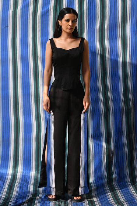 Shop East14 Black Cupro Crepe Print Stripe Greenley Pant at Aza Fashions Shop_East14_Black Cupro Crepe Print Stripe Greenley Pant_at_Aza_Fashions
