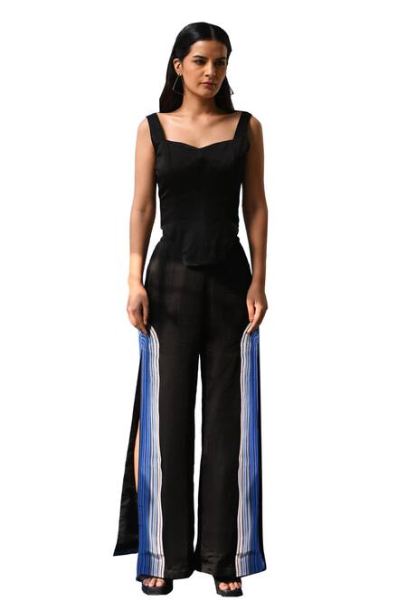 Buy East14 Black Cupro Crepe Print Stripe Greenley Pant Online at Aza Fashions Buy_East14_Black Cupro Crepe Print Stripe Greenley Pant_Online_at_Aza_Fashions