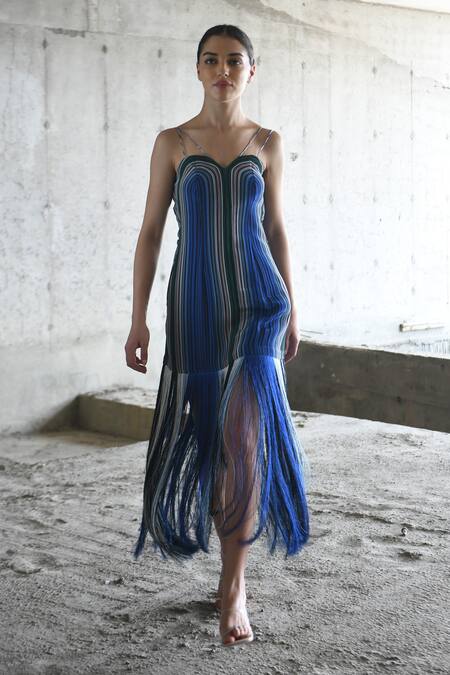 East14_Blue Cupro Crepe Print Stripe Sweetheart Sara Fringe Dress_Online_at_Aza_Fashions