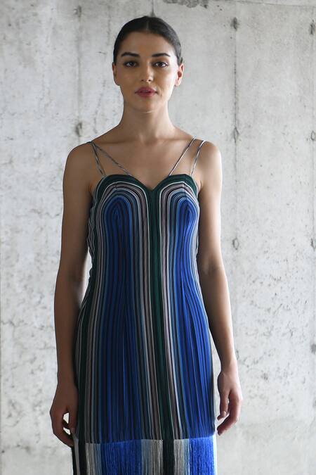 Buy_East14_Blue Cupro Crepe Print Stripe Sweetheart Sara Fringe Dress_Online_at_Aza_Fashions