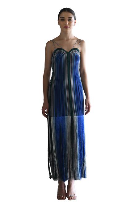 Shop_East14_Blue Cupro Crepe Print Stripe Sweetheart Sara Fringe Dress_Online_at_Aza_Fashions