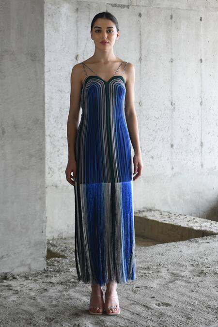 East14_Blue Cupro Crepe Print Stripe Sweetheart Sara Fringe Dress_at_Aza_Fashions