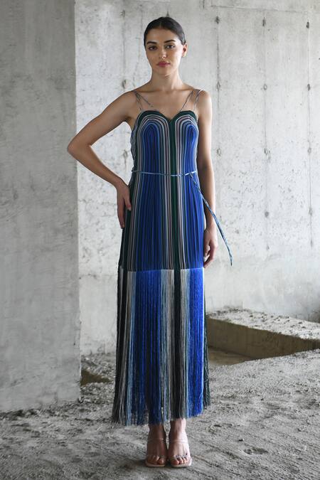 Buy_East14_Blue Cupro Crepe Print Stripe Sweetheart Sara Fringe Dress