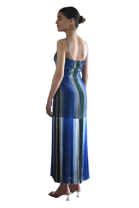 Shop_East14_Blue Cupro Crepe Print Stripe Sweetheart Sara Fringe Dress