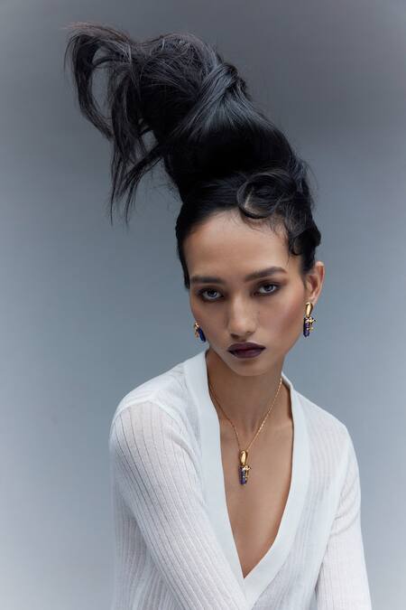 Outhouse_Gold Plated The Lazuli Sculpt Pendant Necklace _at_Aza_Fashions