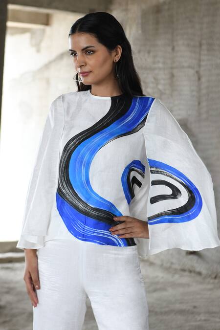 East14_White Cupro Crepe Printed Brush Stroke Closed Round Neck Top_Online_at_Aza_Fashions