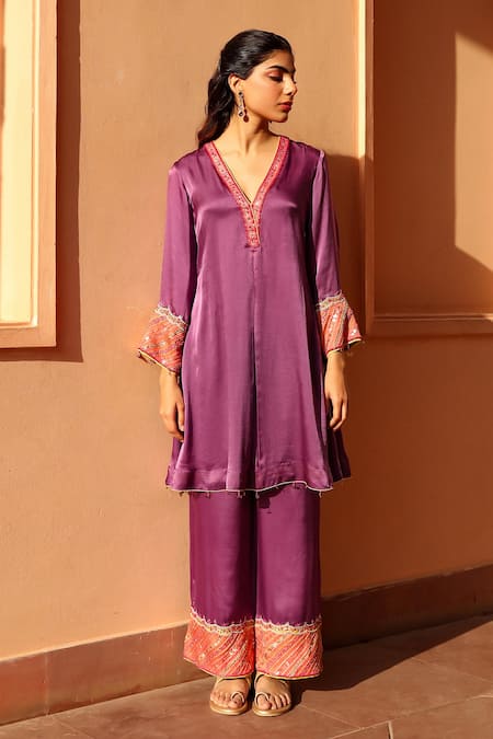 Bhawna Sethi Purple Satin, Georgette, Crepe Zari, Dove Zardozi Embellished Kurta With Pant Online at Aza Fashions Bhawna Sethi_Purple Satin, Georgette, Crepe Zari, Dove Zardozi Embellished Kurta With Pant _Online_at_Aza_Fashions