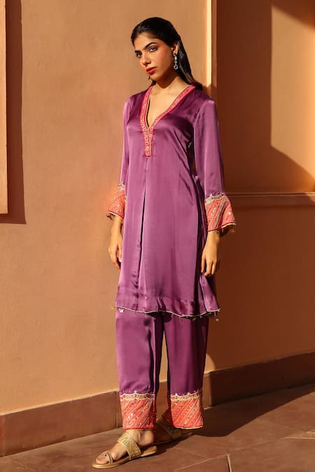 Shop Bhawna Sethi Purple Satin, Organza, Georgette Beads, Zari Dove Zardozi Embellished Kurta Set Online at Aza Fashions Shop_Bhawna Sethi_Purple Satin, Organza, Georgette Beads, Zari Dove Zardozi Embellished Kurta Set _Online_at_Aza_Fashions