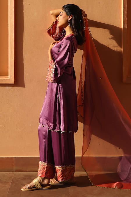 Shop Bhawna Sethi Purple Satin, Organza, Georgette Beads, Zari Dove Zardozi Embellished Kurta Set Shop_Bhawna Sethi_Purple Satin, Organza, Georgette Beads, Zari Dove Zardozi Embellished Kurta Set