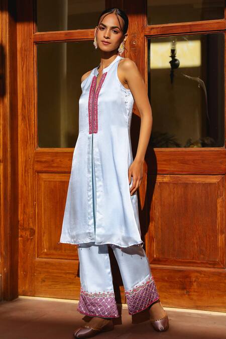Shop Bhawna Sethi Blue Satin, Georgette, Crepe Embroidery Frost Front Slit Kurta With Pant Online at Aza Fashions Shop_Bhawna Sethi_Blue Satin, Georgette, Crepe Embroidery Frost Front Slit Kurta With Pant _Online_at_Aza_Fashions