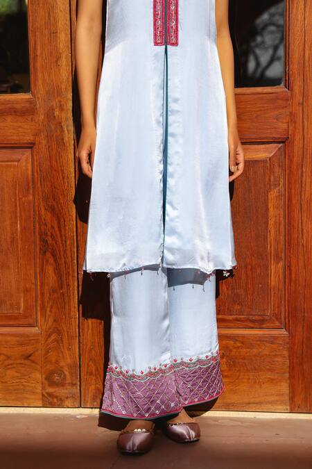 Buy Bhawna Sethi Blue Satin, Georgette, Crepe Embroidery Frost Front Slit Kurta With Pant Buy_Bhawna Sethi_Blue Satin, Georgette, Crepe Embroidery Frost Front Slit Kurta With Pant