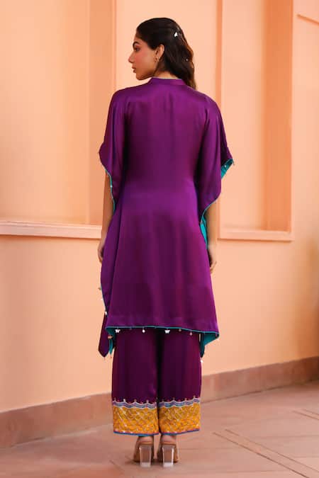 Shop Bhawna Sethi Purple Pure Satin Georgette Embroidered Floral V Neck Yoke Kaftan With Pant at Aza Fashions Shop_Bhawna Sethi_Purple Pure Satin Georgette Embroidered Floral V Neck Yoke Kaftan With Pant _at_Aza_Fashions