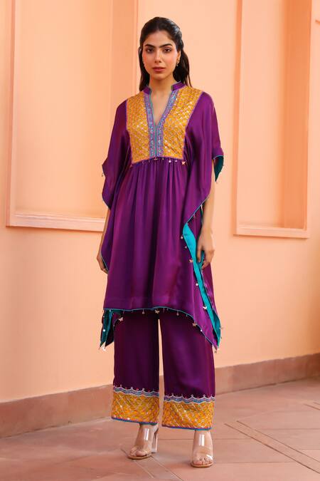 Bhawna Sethi Purple Pure Satin Georgette Embroidered Floral V Neck Yoke Kaftan With Pant Online at Aza Fashions Bhawna Sethi_Purple Pure Satin Georgette Embroidered Floral V Neck Yoke Kaftan With Pant _Online_at_Aza_Fashions