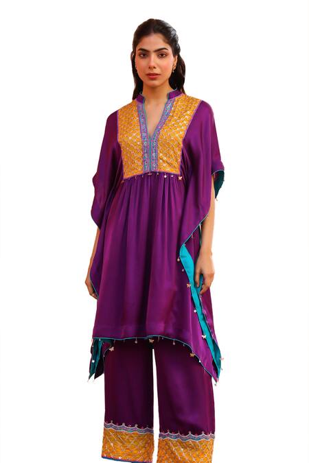 Buy Bhawna Sethi Purple Pure Satin Georgette Embroidered Floral V Neck Yoke Kaftan With Pant Online at Aza Fashions Buy_Bhawna Sethi_Purple Pure Satin Georgette Embroidered Floral V Neck Yoke Kaftan With Pant _Online_at_Aza_Fashions