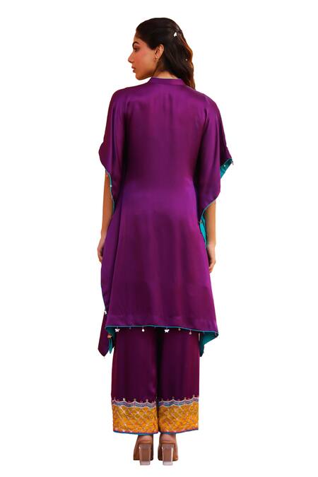 Shop Bhawna Sethi Purple Pure Satin Georgette Embroidered Floral V Neck Yoke Kaftan With Pant Online at Aza Fashions Shop_Bhawna Sethi_Purple Pure Satin Georgette Embroidered Floral V Neck Yoke Kaftan With Pant _Online_at_Aza_Fashions
