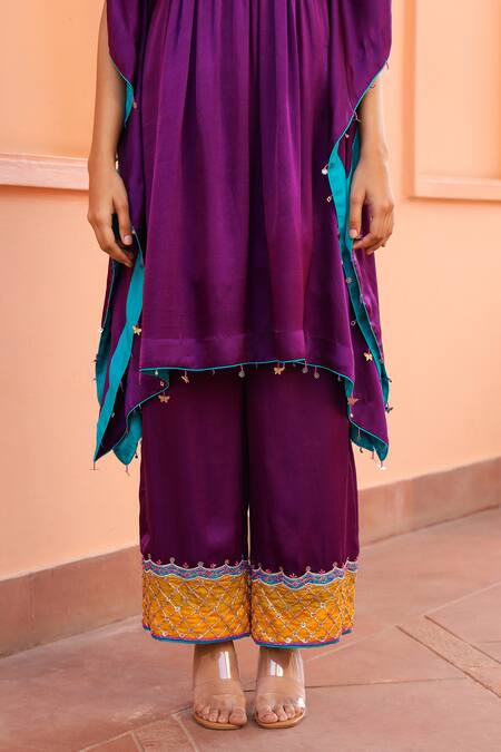 Bhawna Sethi Purple Pure Satin Georgette Embroidered Floral V Neck Yoke Kaftan With Pant at Aza Fashions Bhawna Sethi_Purple Pure Satin Georgette Embroidered Floral V Neck Yoke Kaftan With Pant _at_Aza_Fashions