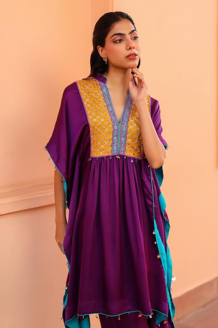 Buy Bhawna Sethi Purple Pure Satin Georgette Embroidered Floral V Neck Yoke Kaftan With Pant Buy_Bhawna Sethi_Purple Pure Satin Georgette Embroidered Floral V Neck Yoke Kaftan With Pant