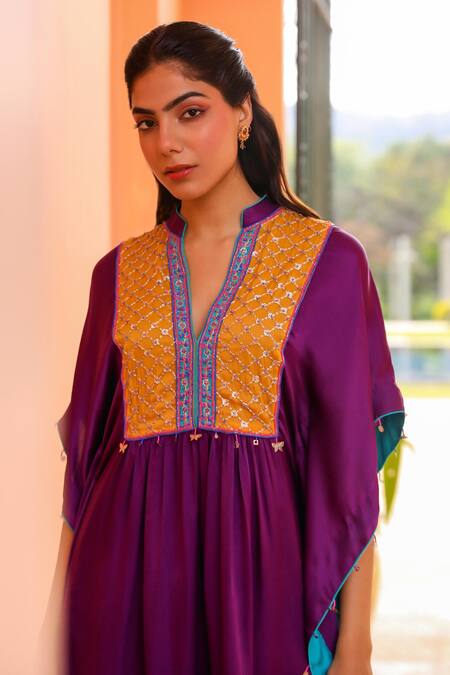 Shop Bhawna Sethi Purple Pure Satin Georgette Embroidered Floral V Neck Yoke Kaftan With Pant Shop_Bhawna Sethi_Purple Pure Satin Georgette Embroidered Floral V Neck Yoke Kaftan With Pant