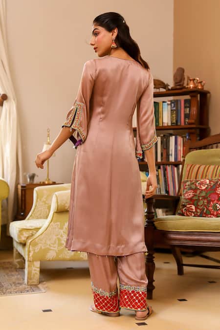 Shop Bhawna Sethi Beige Satin, Georgette, Crepe Sequins Sepia Embroidered Yoke Kurta With Pant at Aza Fashions Shop_Bhawna Sethi_Beige Satin, Georgette, Crepe Sequins Sepia Embroidered Yoke Kurta With Pant _at_Aza_Fashions