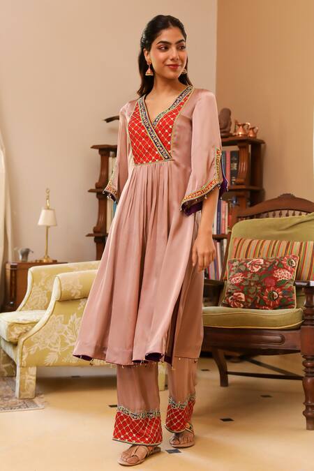 Bhawna Sethi Beige Satin, Georgette, Crepe Sequins Sepia Embroidered Yoke Kurta With Pant Online at Aza Fashions Bhawna Sethi_Beige Satin, Georgette, Crepe Sequins Sepia Embroidered Yoke Kurta With Pant _Online_at_Aza_Fashions