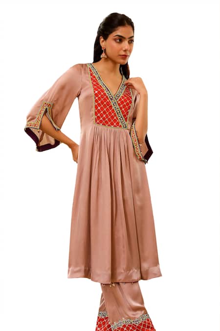 Buy Bhawna Sethi Beige Satin, Georgette, Crepe Sequins Sepia Embroidered Yoke Kurta With Pant Online at Aza Fashions Buy_Bhawna Sethi_Beige Satin, Georgette, Crepe Sequins Sepia Embroidered Yoke Kurta With Pant _Online_at_Aza_Fashions