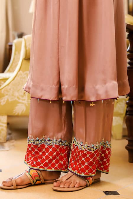 Bhawna Sethi Beige Satin, Georgette, Crepe Sequins Sepia Embroidered Yoke Kurta With Pant at Aza Fashions Bhawna Sethi_Beige Satin, Georgette, Crepe Sequins Sepia Embroidered Yoke Kurta With Pant _at_Aza_Fashions