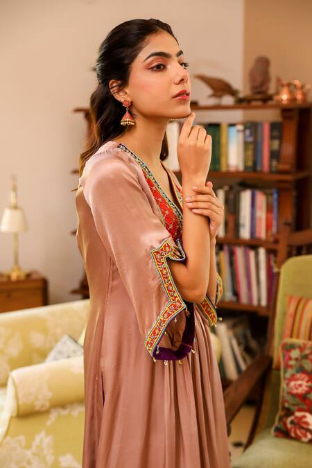 Buy Bhawna Sethi Beige Satin, Georgette, Crepe Sequins Sepia Embroidered Yoke Kurta With Pant Buy_Bhawna Sethi_Beige Satin, Georgette, Crepe Sequins Sepia Embroidered Yoke Kurta With Pant