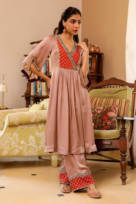 Buy Bhawna Sethi Beige Satin, Georgette, Organza Embroidery, Sequins, Beads Sepia Yoke Kurta Set Online at Aza Fashions Buy_Bhawna Sethi_Beige Satin, Georgette, Organza Embroidery, Sequins, Beads Sepia Yoke Kurta Set _Online_at_Aza_Fashions