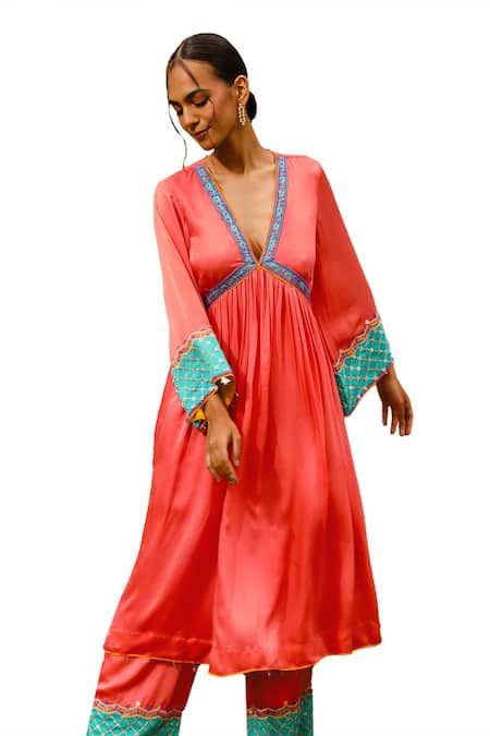 Shop Bhawna Sethi Coral Satin, Georgette, Crepe Zari, Beads, Embroidery Plunge Kurta With Pant Online at Aza Fashions Shop_Bhawna Sethi_Coral Satin, Georgette, Crepe Zari, Beads, Embroidery Plunge Kurta With Pant _Online_at_Aza_Fashions