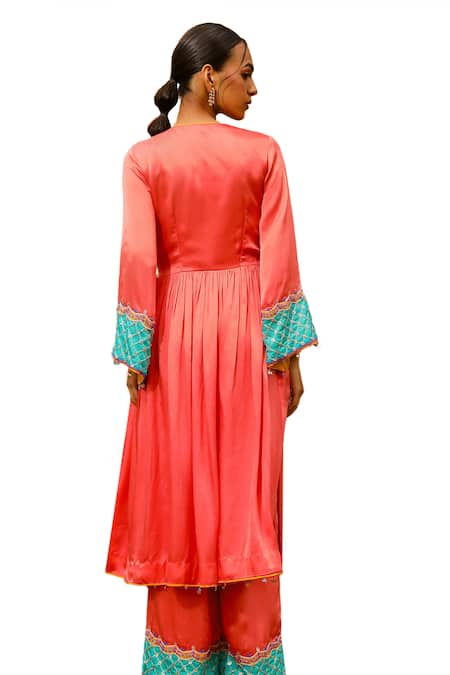 Bhawna Sethi Coral Satin, Georgette, Crepe Zari, Beads, Embroidery Plunge Kurta With Pant at Aza Fashions Bhawna Sethi_Coral Satin, Georgette, Crepe Zari, Beads, Embroidery Plunge Kurta With Pant _at_Aza_Fashions