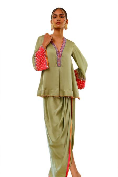 Shop Bhawna Sethi Green Pure Satin Georgette Hand Embroidered Bead V Sage Short Kurta With Skirt Online at Aza Fashions Shop_Bhawna Sethi_Green Pure Satin Georgette Hand Embroidered Bead V Sage Short Kurta With Skirt _Online_at_Aza_Fashions