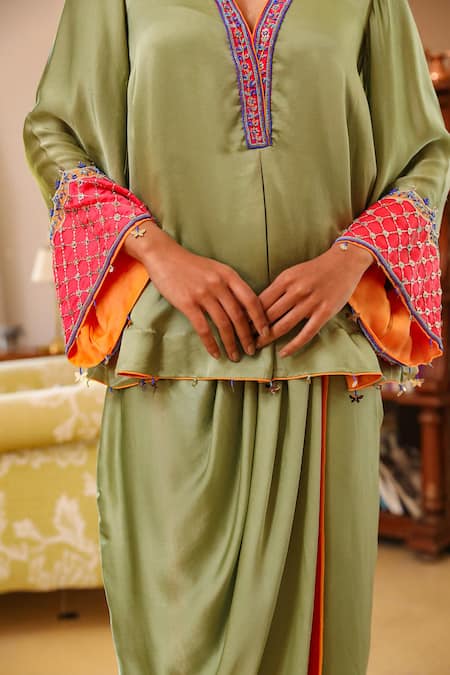 Shop Bhawna Sethi Green Pure Satin Georgette Hand Embroidered Bead V Sage Short Kurta With Skirt Shop_Bhawna Sethi_Green Pure Satin Georgette Hand Embroidered Bead V Sage Short Kurta With Skirt