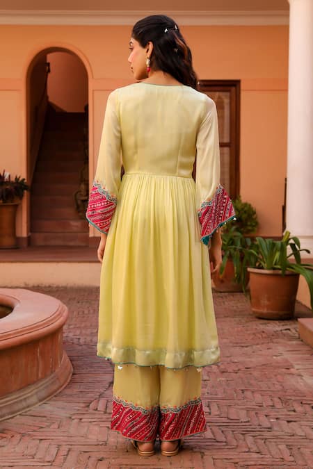 Shop Bhawna Sethi Yellow Satin, Georgette, Butter Hand Embroidered Angarkha Anarkali With Pant at Aza Fashions Shop_Bhawna Sethi_Yellow Satin, Georgette, Butter Hand Embroidered Angarkha Anarkali With Pant _at_Aza_Fashions