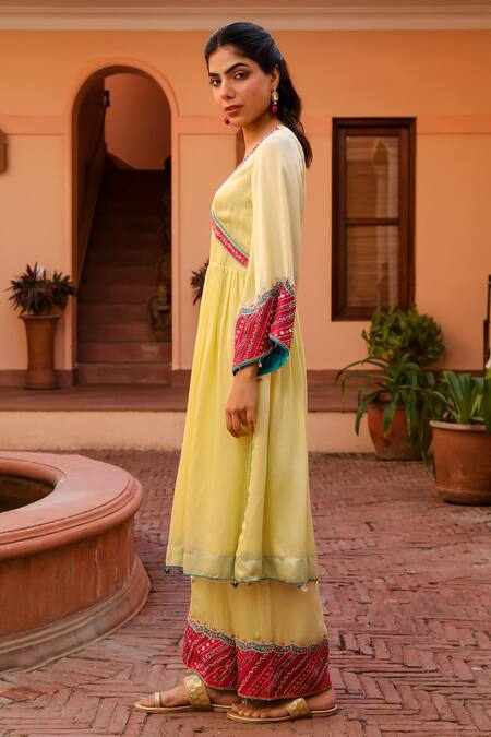 Buy Bhawna Sethi Yellow Satin, Georgette, Butter Hand Embroidered Angarkha Anarkali With Pant Online at Aza Fashions Buy_Bhawna Sethi_Yellow Satin, Georgette, Butter Hand Embroidered Angarkha Anarkali With Pant _Online_at_Aza_Fashions