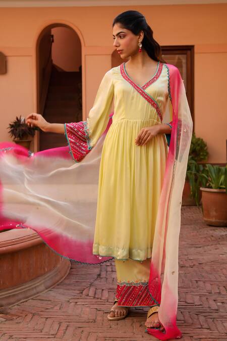 Buy Bhawna Sethi Yellow Satin, Georgette, Organza Cut Work, Butter Hand Angarkha Anarkali Set Buy_Bhawna Sethi_Yellow Satin, Georgette, Organza Cut Work, Butter Hand Angarkha Anarkali Set
