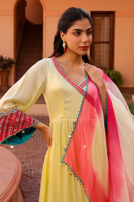 Shop Bhawna Sethi Yellow Satin, Georgette, Organza Cut Work, Butter Hand Angarkha Anarkali Set Shop_Bhawna Sethi_Yellow Satin, Georgette, Organza Cut Work, Butter Hand Angarkha Anarkali Set