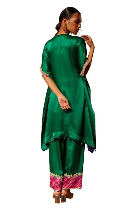 Shop_Bhawna Sethi_Green Pure Satin Georgette Embroidered Round Contrast Panel Kaftan With Pant _Online_at_Aza_Fashions