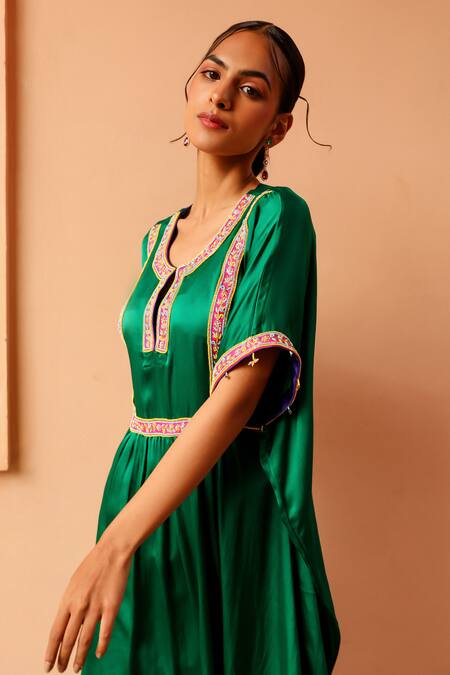 Shop_Bhawna Sethi_Green Pure Satin Georgette Embroidered Round Contrast Panel Kaftan With Pant 