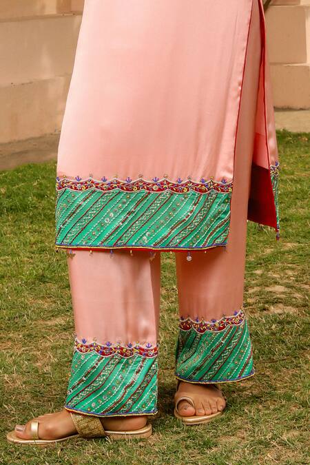 Bhawna Sethi Pink Satin, Georgette, Crepe Embroidery Round Blush Hand Hem Kurta With Pant Online at Aza Fashions Bhawna Sethi_Pink Satin, Georgette, Crepe Embroidery Round Blush Hand Hem Kurta With Pant _Online_at_Aza_Fashions