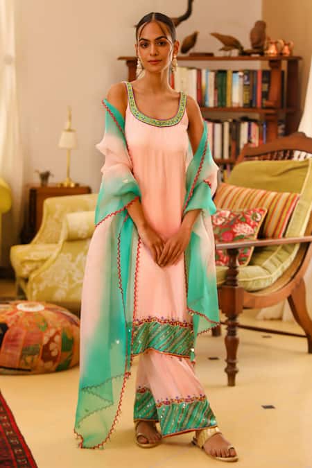 Bhawna Sethi Pink Pure Satin Georgette Embroidered Floral Round Blush Hand Hem Kurta Set
