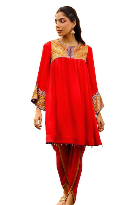 Bhawna Sethi Red Satin, Georgette, Crepe Cut Work, Zari, Scarlet Yoke Kurta With Tulip Pant Online at Aza Fashions Bhawna Sethi_Red Satin, Georgette, Crepe Cut Work, Zari, Scarlet Yoke Kurta With Tulip Pant _Online_at_Aza_Fashions