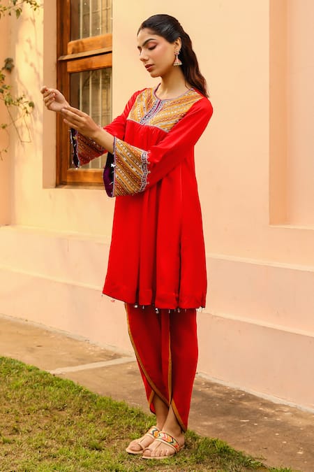 Buy Bhawna Sethi Red Satin, Georgette, Crepe Cut Work, Zari, Scarlet Yoke Kurta With Tulip Pant Online at Aza Fashions Buy_Bhawna Sethi_Red Satin, Georgette, Crepe Cut Work, Zari, Scarlet Yoke Kurta With Tulip Pant _Online_at_Aza_Fashions