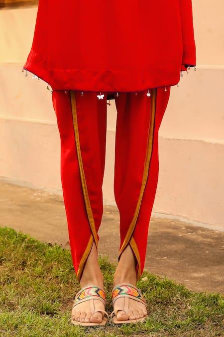 Bhawna Sethi Red Satin, Georgette, Crepe Cut Work, Zari, Scarlet Yoke Kurta With Tulip Pant at Aza Fashions Bhawna Sethi_Red Satin, Georgette, Crepe Cut Work, Zari, Scarlet Yoke Kurta With Tulip Pant _at_Aza_Fashions