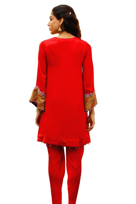 Bhawna Sethi Red Satin, Organza Beads, Zari Round Neck Scarlet Embroidered Yoke Kurta Set at Aza Fashions Bhawna Sethi_Red Satin, Organza Beads, Zari Round Neck Scarlet Embroidered Yoke Kurta Set _at_Aza_Fashions