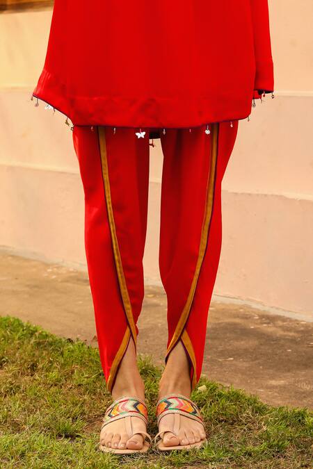 Buy Bhawna Sethi Red Satin, Organza Beads, Zari Round Neck Scarlet Embroidered Yoke Kurta Set Buy_Bhawna Sethi_Red Satin, Organza Beads, Zari Round Neck Scarlet Embroidered Yoke Kurta Set