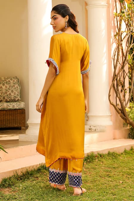 Shop Bhawna Sethi Yellow Pure Satin Georgette Embroidered Zardozi V Honey Hem Kaftan With Pant at Aza Fashions Shop_Bhawna Sethi_Yellow Pure Satin Georgette Embroidered Zardozi V Honey Hem Kaftan With Pant _at_Aza_Fashions